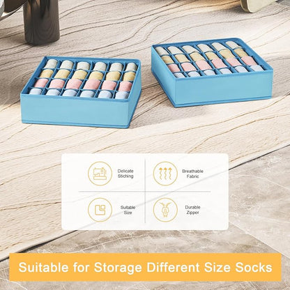 Joyoldelf Sock Organizer Drawer Organizer - 2 Packs Underwear Organizer, 24 Cells Collapsible Closet Organizers and Storage Sock Holders Organizers for Storing Socks, Ties, Belts(Blue)