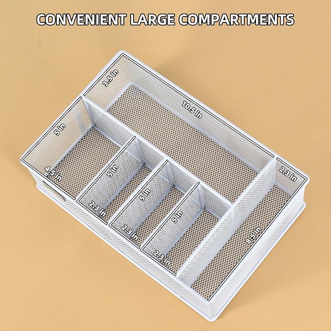 VIKEYHOME Paper Plate Organizer, Metal Silverware Caddy with 6 Compartments for Knives, Spoons, Cups, Forks, Napkins, Utensil Holder for Party, Camping, Picnic, White