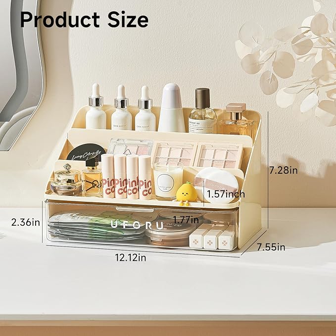 UFORU 3-Tier Display Riser with Large Detachable Drawer, Plastic Storage Shelf, Perfume and Cologne Organizer Stand, Makeup Organizer for Vanity, Bathroom, Office, Cream White