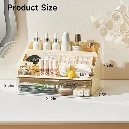 UFORU 3-Tier Display Riser with Large Detachable Drawer, Plastic Storage Shelf, Perfume and Cologne Organizer Stand, Makeup Organizer for Vanity, Bathroom, Office, Cream White