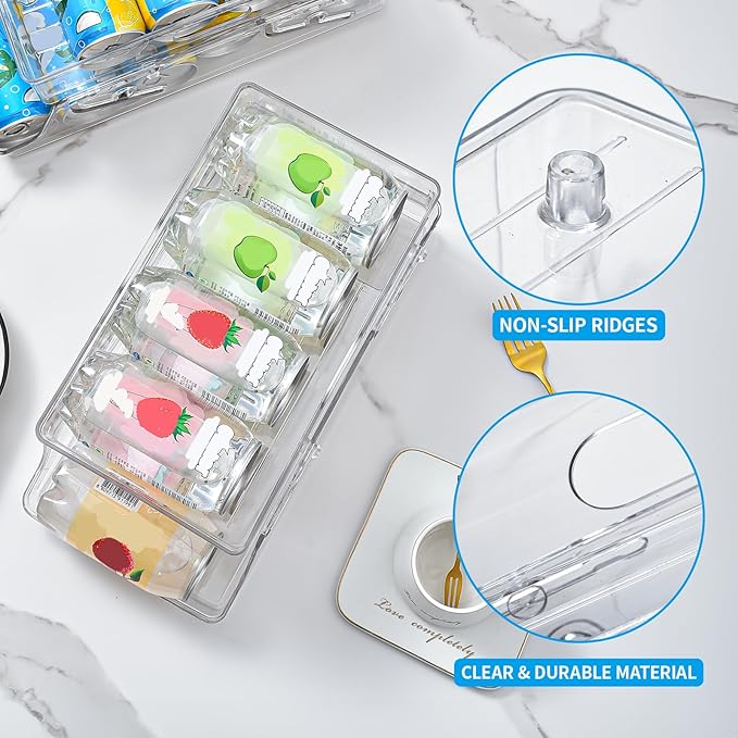 Soda Can Organizer for Refrigerator, 2 Tier Automatic Loading Drink Organizer for Fridge with Portable Handle for Kitchen Drink Pantry, Can Organizer for Refrigerator