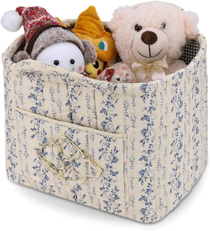 Storage Basket Boho Fabric Large Collapsible Floral Laundry Nursery Hamper Portable Folding Storage for Clothes Toys (Vine-Blue C)