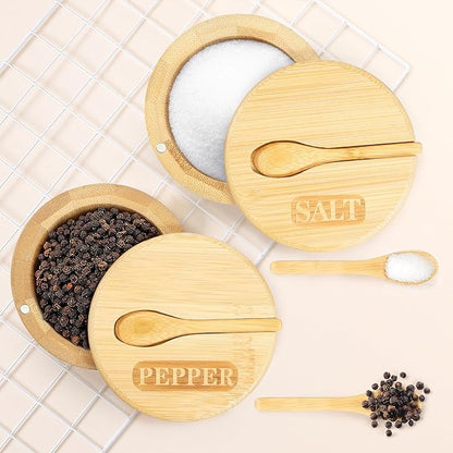 2 Layers Acacia Wood Salt and Pepper Bowl Salt and Pepper Storage Box Salt Container Salt Keeper with Built in Spoon and Magnetic Swivel Lid Dustproof Salt Holder for Kitchen Serving (Wood D)