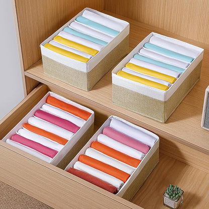 4 Packs T-shirt Drawer Organizers for Clothing,8 Grids Compartment Wardrobe Storage Box, Washable Clothes Organizer for Folded Clothes, Legging, Silk Scarve-12.59''x9.05''x5.9-BeigeWhite