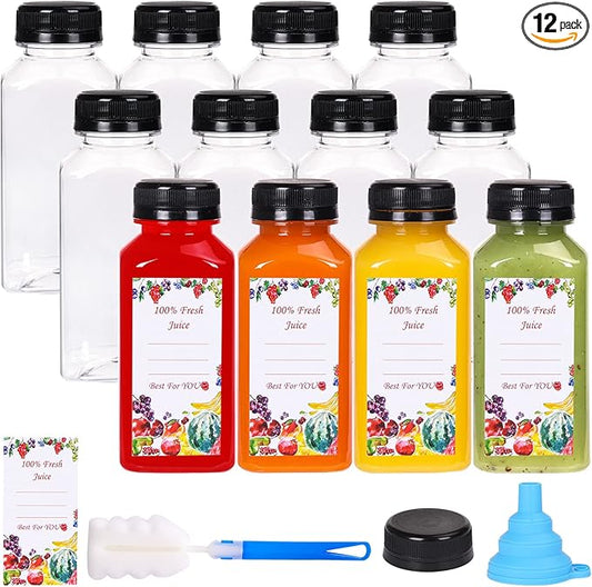 SUPERLELE 12pcs 8oz Plastic Juice Bottles with Caps, Reusable Clear Juice Containers with Labels, Funnel and Brush for Juicing, Smoothie, Milk