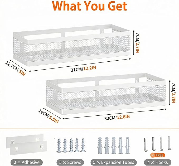 PUSDON Mesh Shower Caddy Wall Mount, Heavy Duty Adhesive Bathroom Shelf Organizer, Rustproof Floating Spice Rack for Kitchen Pantry, Holds 50 LBS, Multi-Purpose Storage White-2 Packs (Netting)