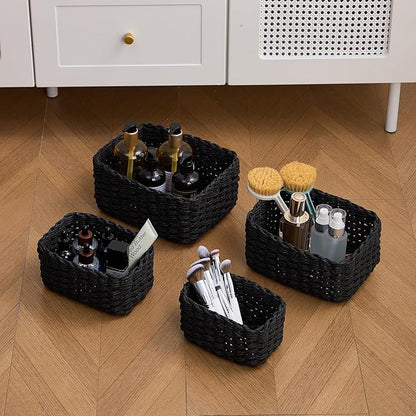4PCS Woven Storage Baskets Set, Small Baskets for Organizing, Square Handwoven Paper Rope Organizer Bins for Shelves and Home Storage (Black)