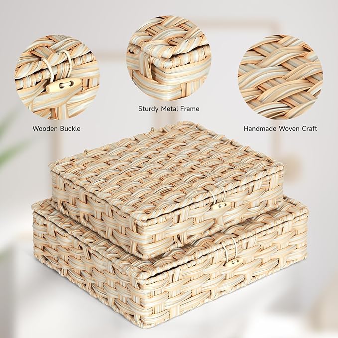 Plastic Wicker Storage Baskets with Lids, 2-Pack Woven Rattan Organizer Bins with Locking Button, Decorative Flat Storage Boxes, 11"x9.25"x2.75" & 13"x11.2"x3.5", Beige