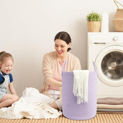 Woven Cotton Rope Laundry basket-15”X20” Laundry Hamper-Rope Storage Basket for Dirty Clothes, Toys and Blankets Perfect for Bathroom, Baby nursery and Living Room Storage (purple)