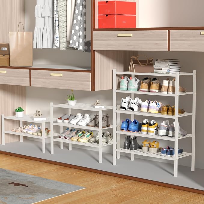 ROMGUAR CRAFT 4 Tier Bamboo Shoe Rack for Closet Free Standing Wood Shoe Shelf for Entryway Small Space Stackable 27"x11"x26" (White)