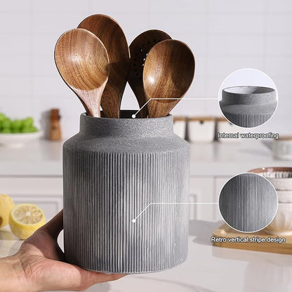Farmhouse Ceramic Farmhouse Kitchen Utensil Holder for Countertop, Rustic Cooking Utensil Holder Crock Fit for Kitchen Counter.Grey 6.1 x 6.1 x 7 IN
