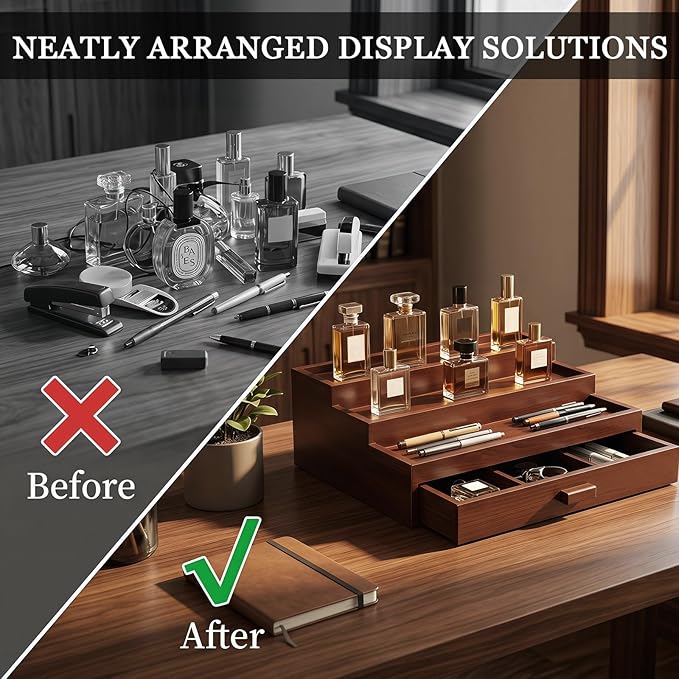 Wooden Cologne Organizer for Men 3 Tier Perfume Stand Organizer with Drawer and Hidden Compartment Cologne Display Riser Shelf Holder for Dresser Figures Fragrances Skincare Makeup Storage (Brown)