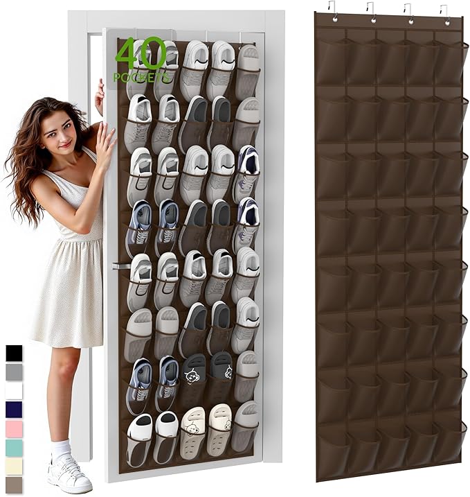 Over the Door Shoe Organizer with 40 Large Breathable Mesh Pockets, Space Saving Shoe Holder, Hanging Shoe Rack for Entryway Bedroom Closet Storage (Brown, 40 Pockets)