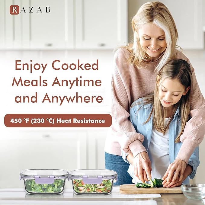 Razab 2 PC 1200ML / 41 Oz Glass Food Storage Containers with Lids - Airtight & Leakproof - Microwave/Oven/Freezer Safe - BPA Free - Ideal for Meal Prep, Storing Leftover & Lunch