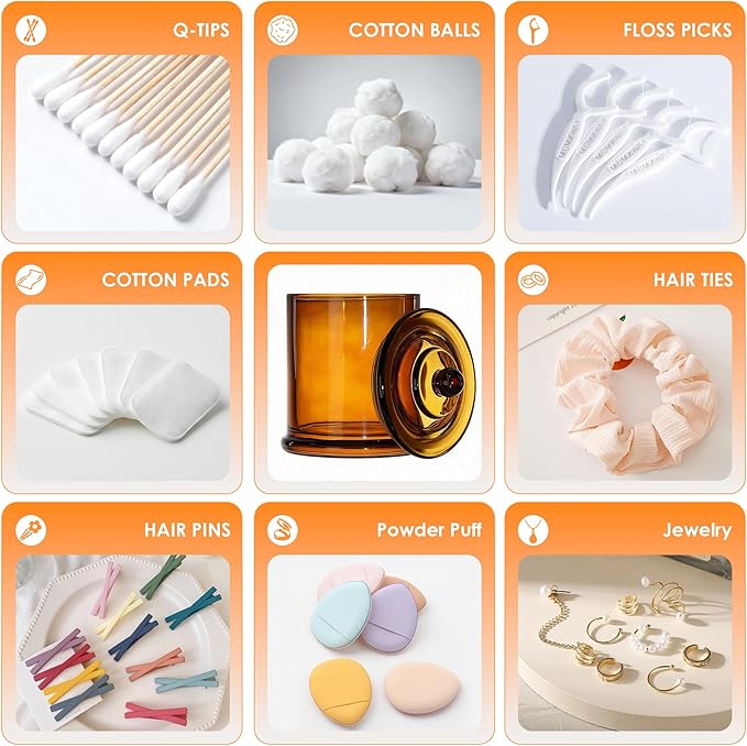 LITIVY 4 Pack Bathroom Organizers and Storage - 16 Oz Glass Qtip Holder & Cotton Pad Dispenser with Lid, Apothecary Jars for Home, Room Decor, Kitchen Organizer (Amber)