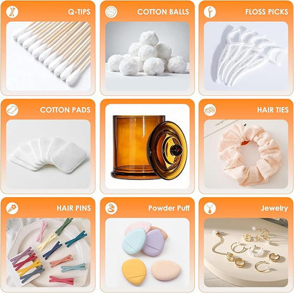 LITIVY 4 Pack Bathroom Organizers and Storage - 16 Oz Glass Qtip Holder & Cotton Pad Dispenser with Lid, Apothecary Jars for Home, Room Decor, Kitchen Organizer (Amber)