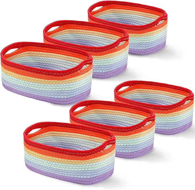 Sawysine 6Pcs Colorful Cotton Rope Laundry Hamper, Portable Storage Basket with Handle for Bathroom, Bedroom, Living Room, 12'' x 8'' x 6''