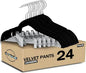 GVTECH Velvet Hangers with Clips, [24 Pack] Metal Clip Hangers for Pants - Notched Velvet Skirt Hangers for Pants, Skirts, Suit, Dresses & Shirts 360° Swivel Hook - Non Slip Felt Hangers (Black)