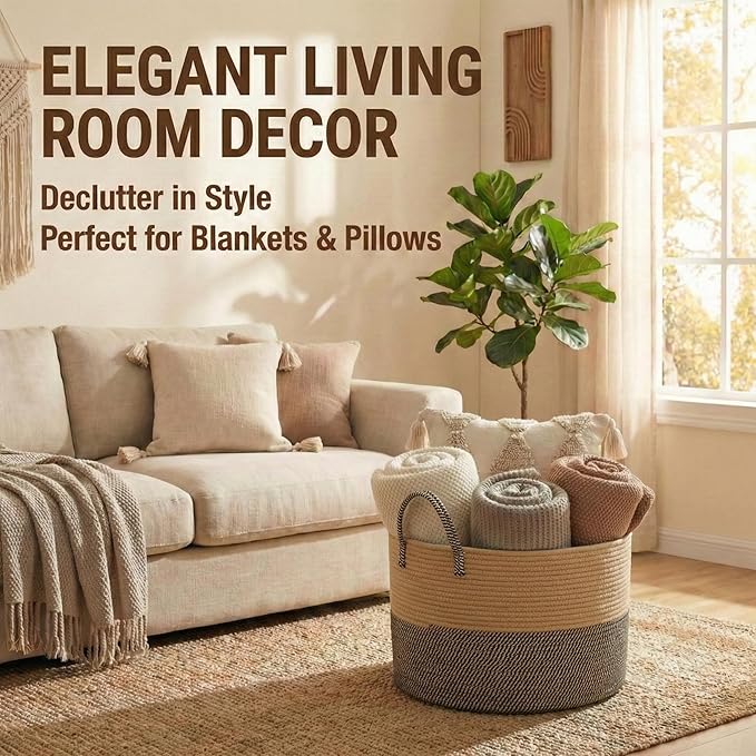 JMvicyroam 115L Extra Large Blanket Basket for Living Room - Woven Cotton Rope Laundry Hamper with Reinforced Handles - Storage Bin for Pillows, Comforters & Toys - Machine Washable,Jute&Black