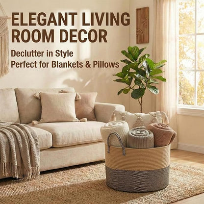 JMvicyroam 115L Extra Large Blanket Basket for Living Room - Woven Cotton Rope Laundry Hamper with Reinforced Handles - Storage Bin for Pillows, Comforters & Toys - Machine Washable,Jute&Black