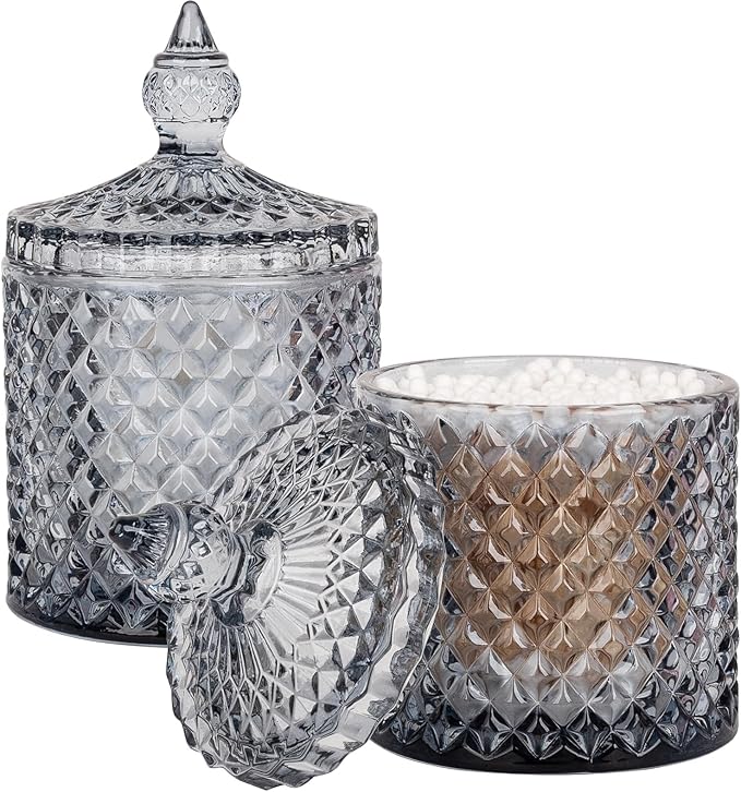 2 Pack Qtip Holder Thick Glass Apothecary Jars with Lid for Bathroom Decor Storage Organizer for Cotton Swabs, Balls, Pads, Floss Picks, Candy, Jewelry, Grey