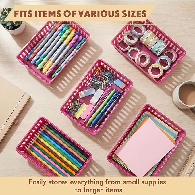 Wenqik 24 Pcs Plastic Storage Baskets for Classroom Organizing Small Pantry Storage Bins Rectangular Tray for School Household Toys Classroom Bedrooms, Kitchens Countertops(Deep Purple)