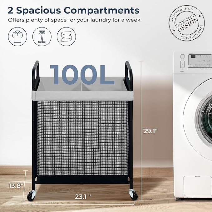 STO STO Laundry Hamper 2 Section, 100L Rolling Laundry Sorter Cart with Removable and Washable Liner Bag, Clothes Hamper with Wheels and Metal Handle for Laundry Room and Bedroom, Gray