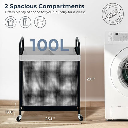 STO STO Laundry Hamper 2 Section, 100L Rolling Laundry Sorter Cart with Removable and Washable Liner Bag, Clothes Hamper with Wheels and Metal Handle for Laundry Room and Bedroom, Gray