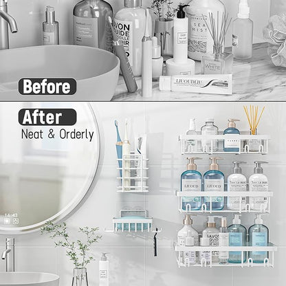 Liuoud 10 Pack Shower Caddy Organizer Rack Shelf for Inside Shower, Self Adhesive Wall Storage Basket Rustproof Stainless Steel Shampoo Holder Bathroom Accessory Decor Set, White