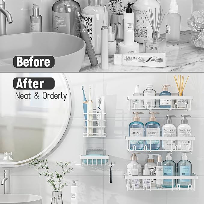 Liuoud 5 Pack Shower Caddy Organizer Rack Shelf for Inside Shower, Self Adhesive Wall Storage Basket Rustproof Stainless Steel Shampoo Holder Bathroom Accessory Decor Set, White