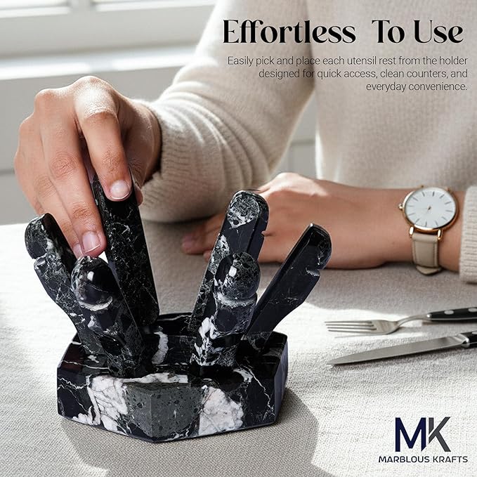 Marble Utensil Rest Black Zebra Kitchen Counter Spoon and Fork Holder, Cutlery Rest for Daily Kitchen Use, Modern Countertop Accessory