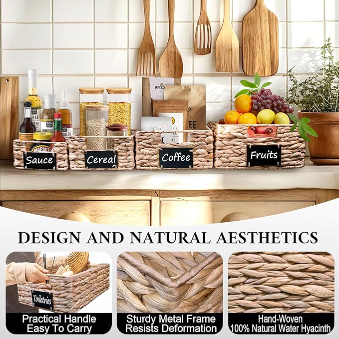 Set of 4 Sizes Hand-Woven Pantry Shelf Baskets, Hyacinth Storage Baskets with Chalkboard Labels & 2 Chalk Markers, Wicker Nestable Shelf Basket Set for Organizing Pantry Laundry Shelves