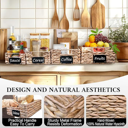 Set of 4 Sizes Hand-Woven Pantry Shelf Baskets, Hyacinth Storage Baskets with Chalkboard Labels & 2 Chalk Markers, Wicker Nestable Shelf Basket Set for Organizing Pantry Laundry Shelves