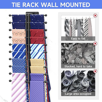 Tie Rack Wall Mounted, Tie Organizer for Men, Tie Rack Hanger for Closet Metal, Adhesive Tie Holder Organizer with 20 Hooks, Tie Storage for Wall Bedroom Living Room Dresser Room (Black)