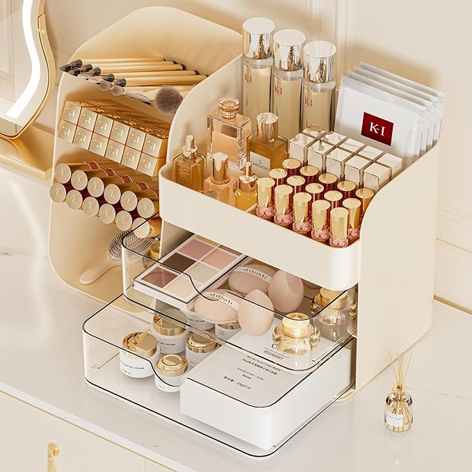 Makeup Organizer with Drawers, Large Capacity Countertop Organizer for Vanity, Bathroom and Bedroom Desk Cosmetics Organizer, Easy To Storage Skincare,Brushes, Eyeshadow,Lipstick (Cream)