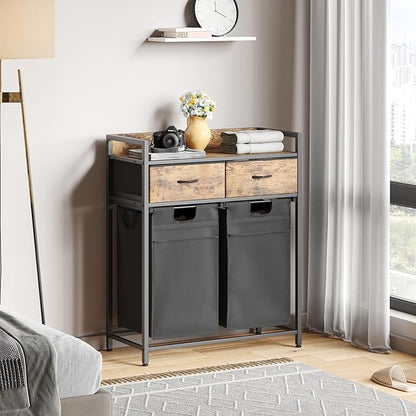 Mondeer Laundry Sorter with 2 Drawers, 100L with Pull-Out Removable Laundry Bags, Laundry Hamper Baskets with 2 Section and Wheels, Rustic Brown and Black