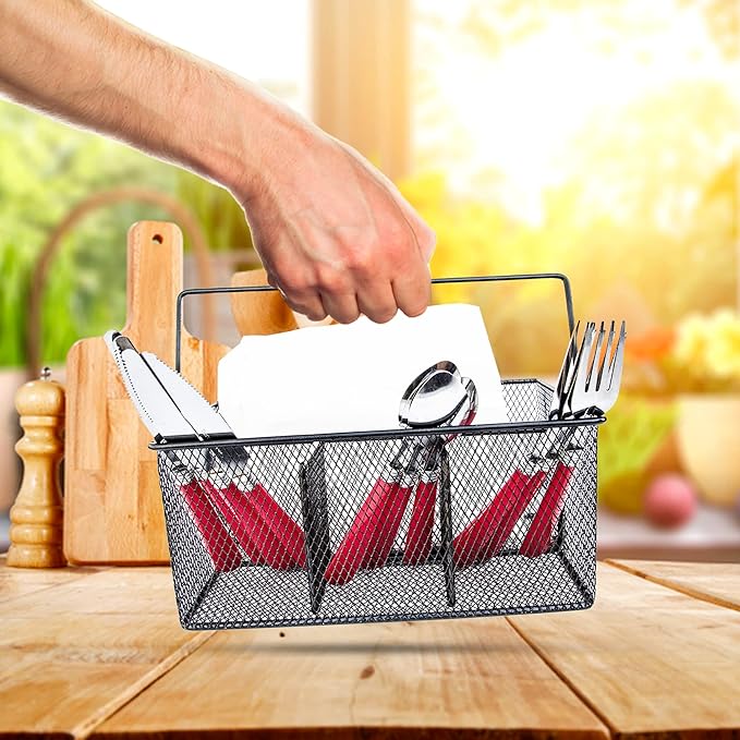 Utensil Caddy - Silverware Caddy for Parties, Spoon Holder, Buffet Organizer for Condiments, Napkin, Forks, Knives - Stainless Steel Flatware Caddy for Home, (Silver)