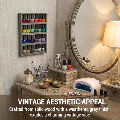 MyGift Vintage Weathered Gray Solid Wood Wall-Mounted Essential Oil Holder Rack – 24-Bottle Storage Display Shelf