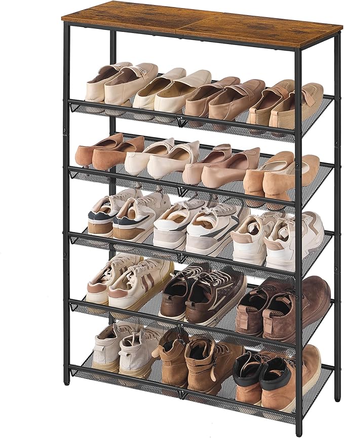 SONGMICS HOME 6 Tier Shoe Storage Organizer, Freestanding Shoe Rack, Dense Mesh, for Living Room, Bedroom, Entryway, Rustic Brown and Black
