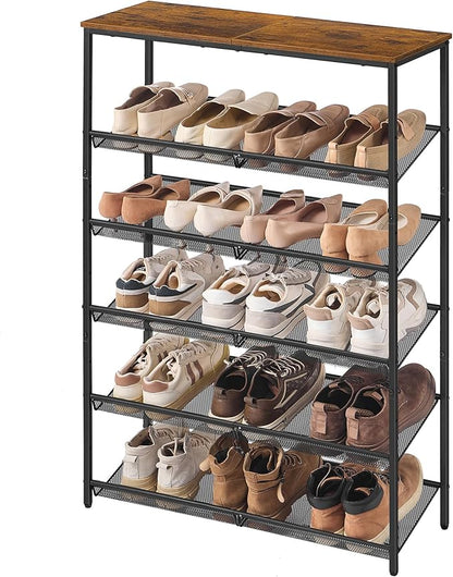 SONGMICS HOME 6 Tier Shoe Storage Organizer, Freestanding Shoe Rack, Dense Mesh, for Living Room, Bedroom, Entryway, Rustic Brown and Black