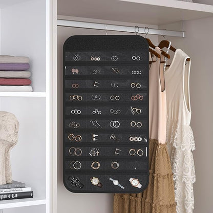 1 Pack Hanging Jewelry Organizer 80-Pocket Dual-sided Jewelry Storage for Earring Necklace Bracelet Ring Travel Holder, Black