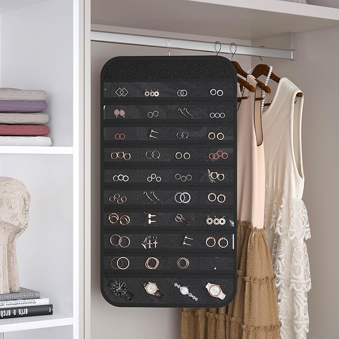 2 Pack Hanging Jewelry Organizer 80-Pocket Dual-sided Jewelry Storage for Earring Necklace Bracelet Ring Travel Holder, Black