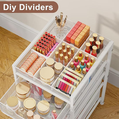5-Tier Rolling Makeup Cart Organizer with 4 Drawers, Cosmetics Display with Dividers, Floor Skincare Storage with Wheels, Versatile Vanity Organizer for Nail Polish Perfume Brush Hair Tool, White