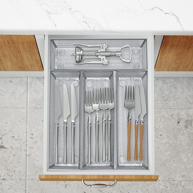 Neudeco Silverware Organizer,Mesh Drawer Organizer for Kitchen，Metal Utensil Organizer for Flatware, Knives, Spoons,Cosmetic (Silver 9 * 3 * 2 inch Pack6)