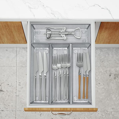 Neudeco Silverware Organizer,Mesh Drawer Organizer for Kitchen，Metal Utensil Organizer for Flatware, Knives, Spoons,Cosmetic (Silver 9 * 3 * 2 inch Pack6)