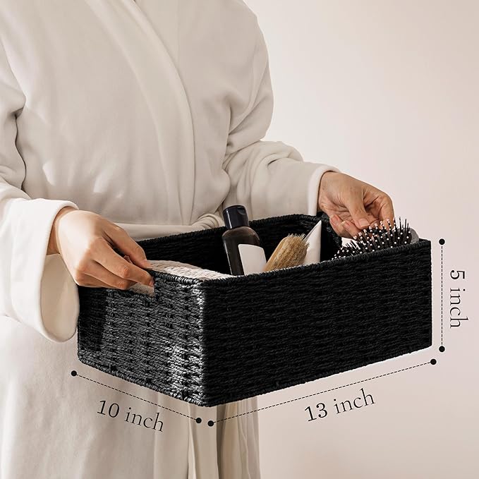 joybest Black Wicker Storage Baskets for Shelves, Hand-woven Storage Baskets for Organizing and Home Decor, Foldable Rectangular Bins with Built-in Handles 13L x 10W x 5H inch, 4-pack
