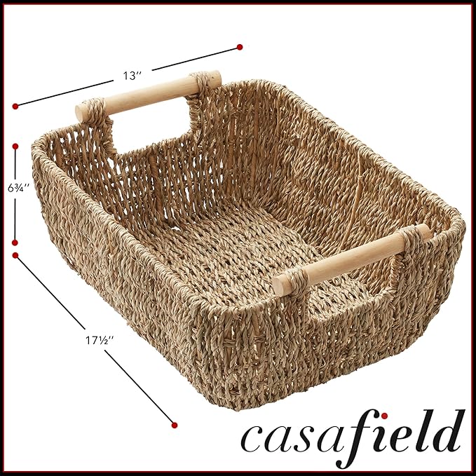 Casafield Set of 2 Seagrass Oval Storage Baskets with Wooden Handles - Large, Woven Bin Organizers