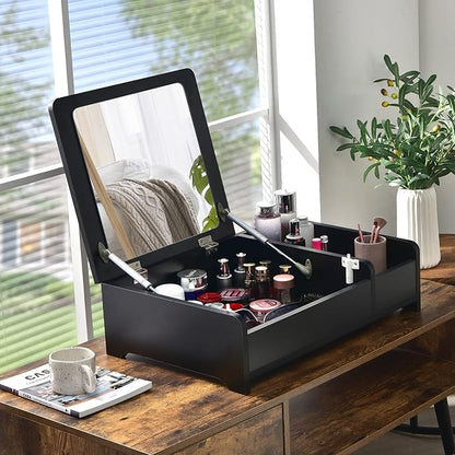 CHARMAID Countertop Vanity with Flip Top Mirror, 24inch Tabletop Laptop Desk with 2 Compartments Organizer, Modern Bedroom Makeup Dressing Vanity Mirror Cosmetic Storage Box Desktop (Black)