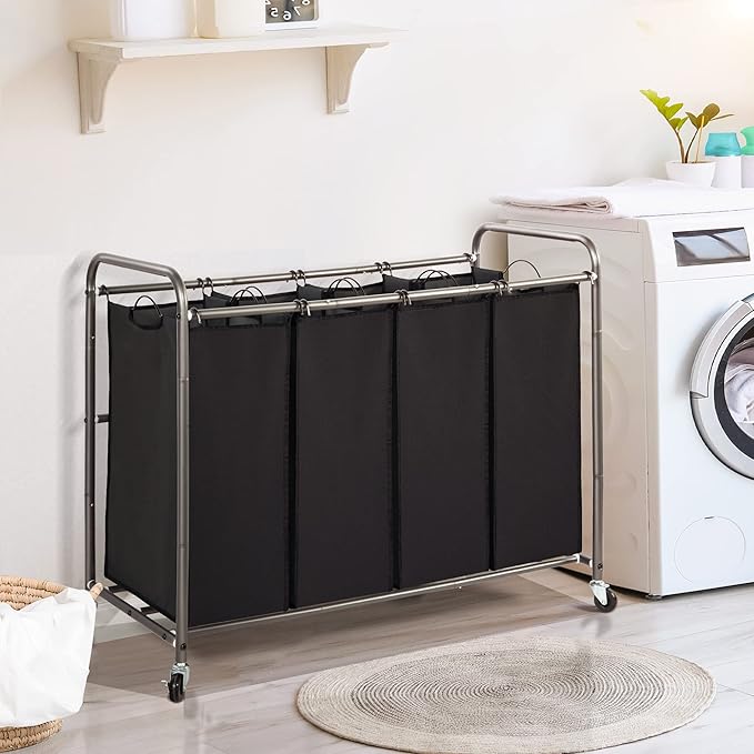 STO STO Laundry Sorter 4 Section, 4 Bag Clothes Hamper, Rolling Laundry Cart Basket with Heavy Duty Lockable Wheels and Removable Bag for Laundry Room, Bedroom, Closet, Black