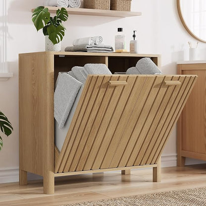 Double Tilt Out Laundry Hamper Cabinet, 11.8 Gallon Gradien Fluted Hidden Trash Cabinets with 2 Baskets for Bathroom Kitchen & Living Room, Freestanding Bathroom Storage Cabinet（Natural Oak）